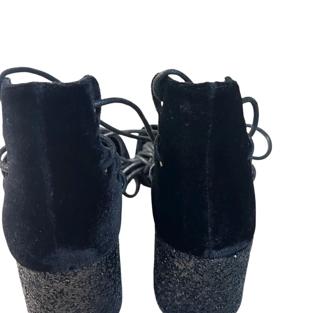 Mi.iM Black Velvet Block Glitter Heel Strappy Lace Up Shoes Pointed Toe Size 8.5